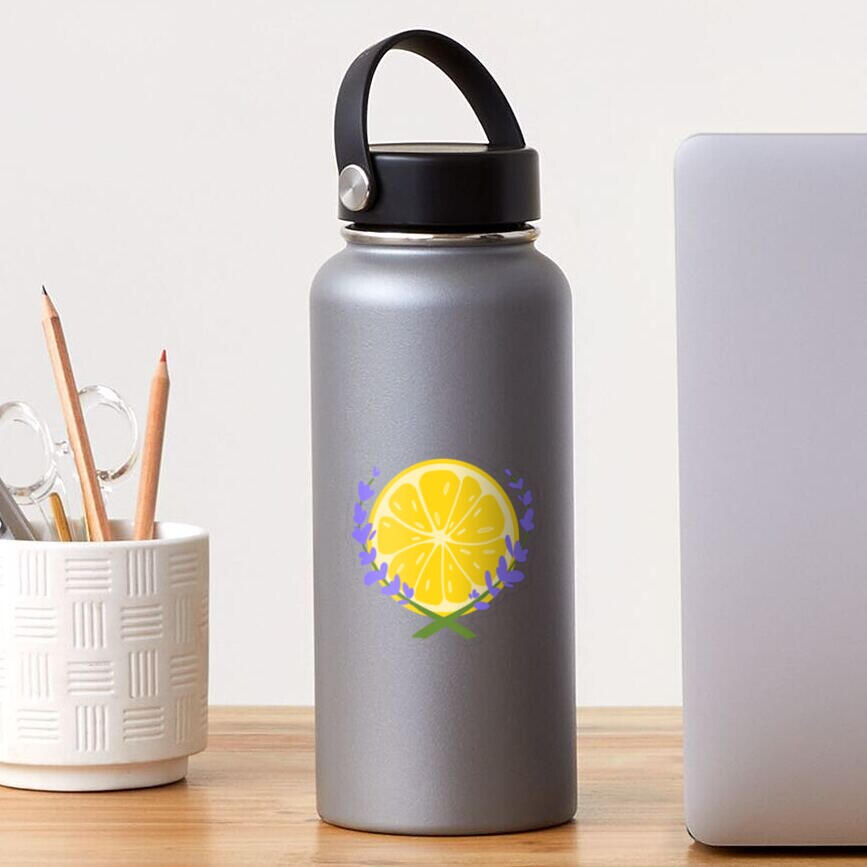 A water bottle with a Lavender Lemonade logo sticker